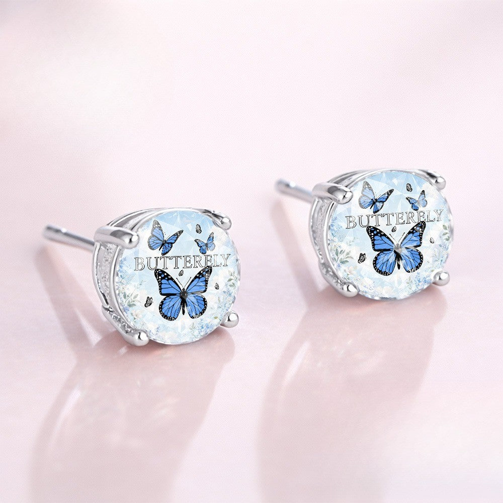 Blue Butterfly Glass Dome Stud Earrings