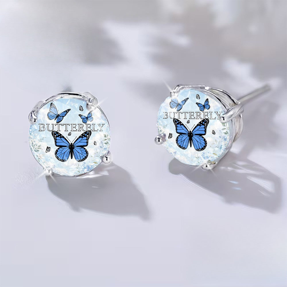 Blue Butterfly Glass Dome Stud Earrings