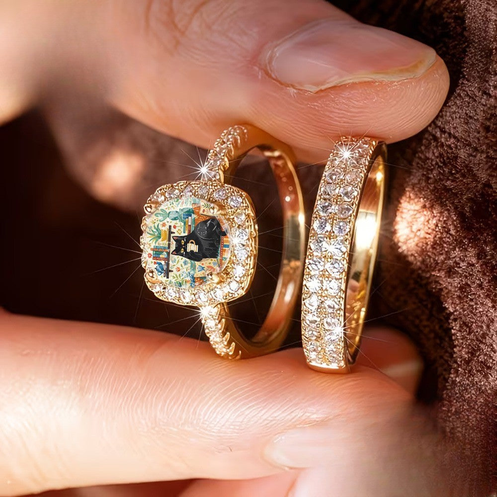 Black Cat Reading Square Ring Set
