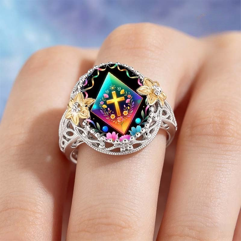 Rainbow Cross Floral Ring