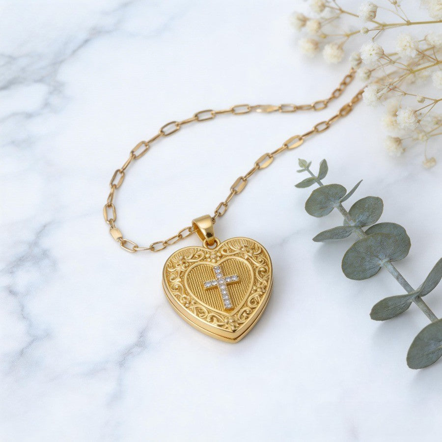 Filigree Cross Heart Locket Necklace