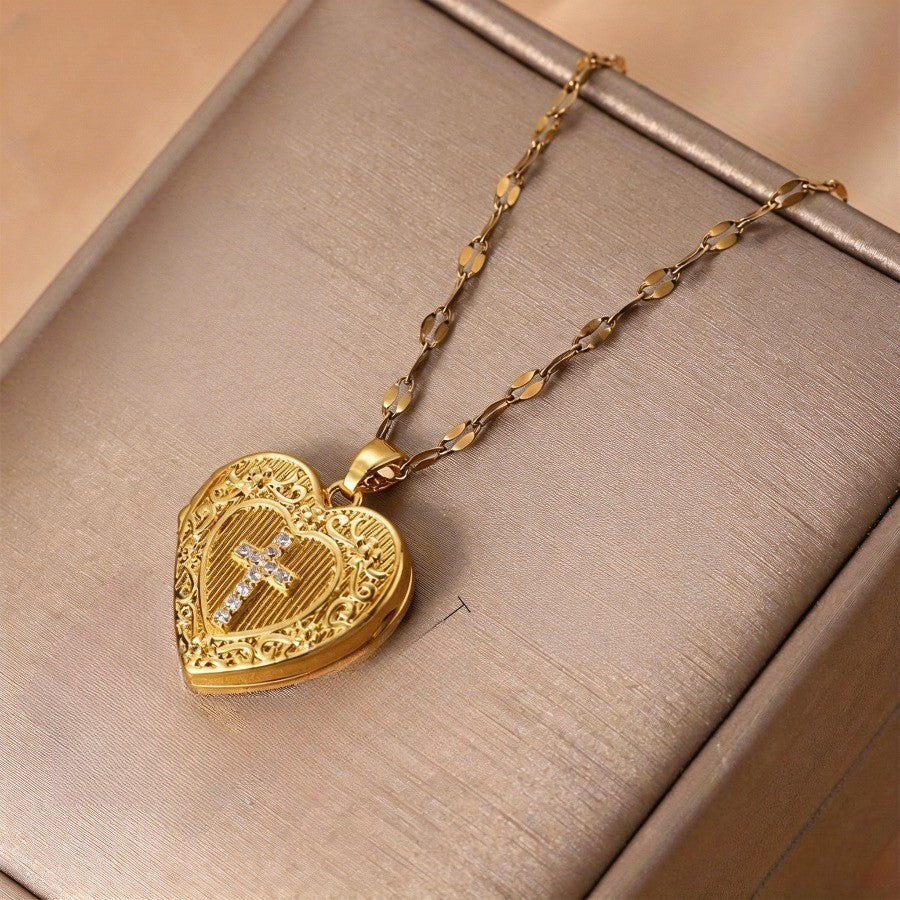 Filigree Cross Heart Locket Necklace