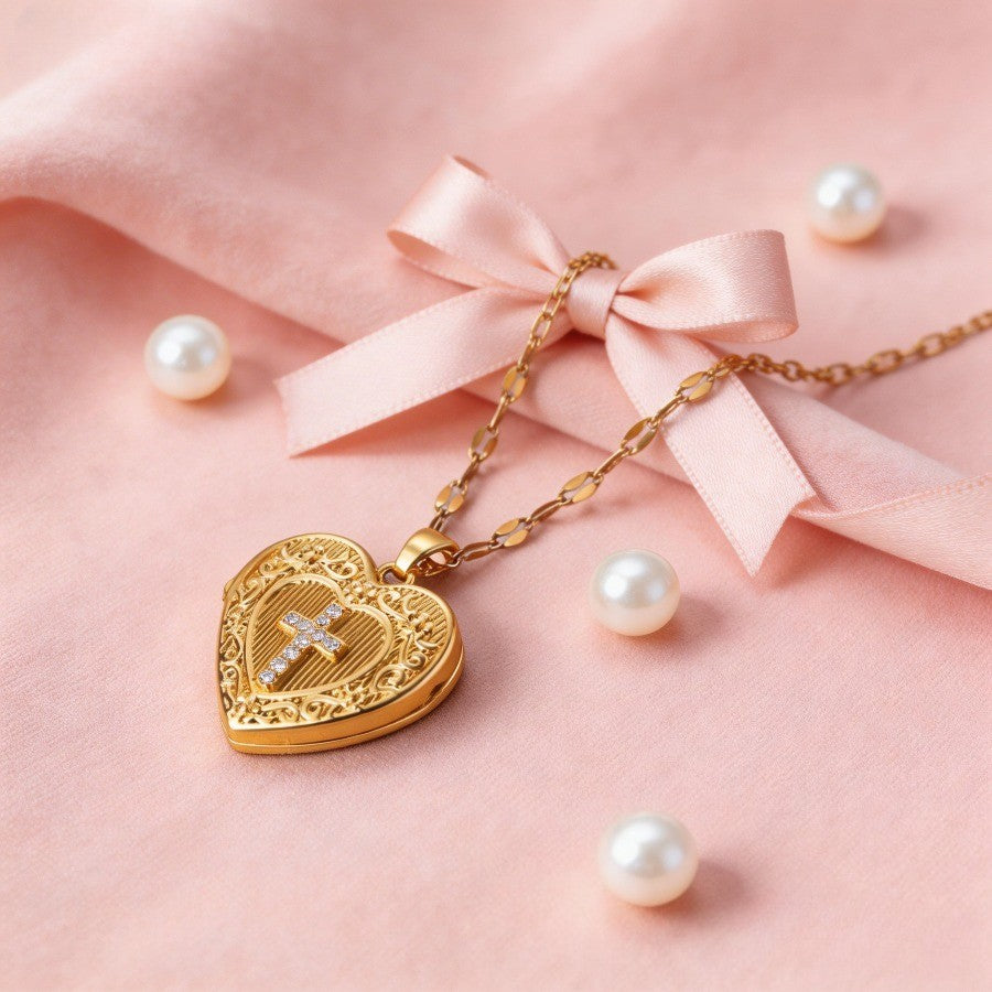 Filigree Cross Heart Locket Necklace