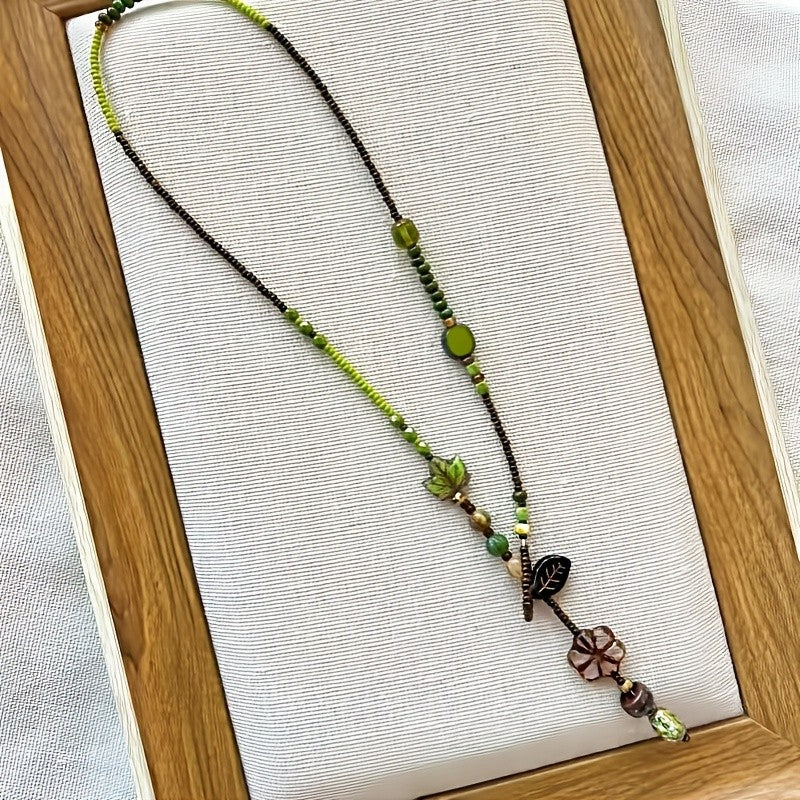 Green Leaf & Flower Bead Necklace