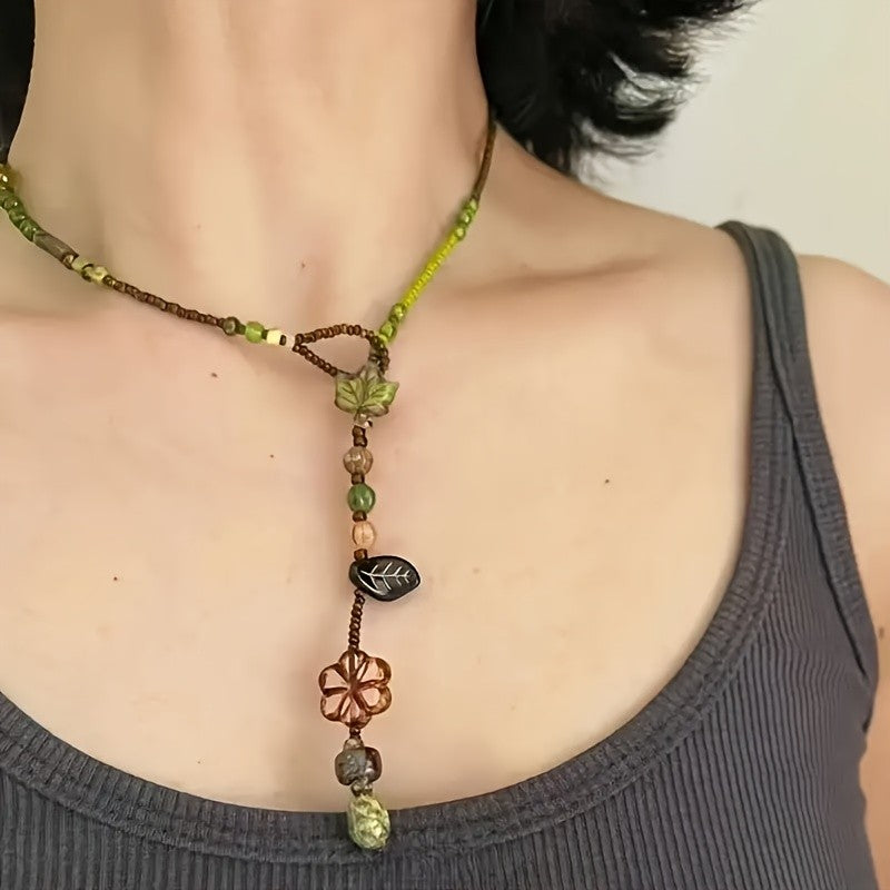 Green Leaf & Flower Bead Necklace