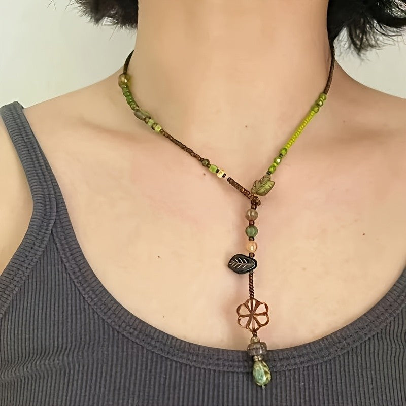 Green Leaf & Flower Bead Necklace