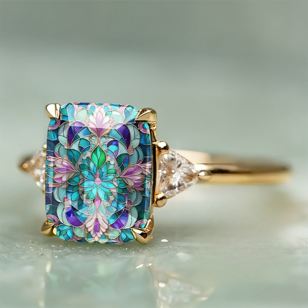 Colorful Floral Mosaic Square Ring