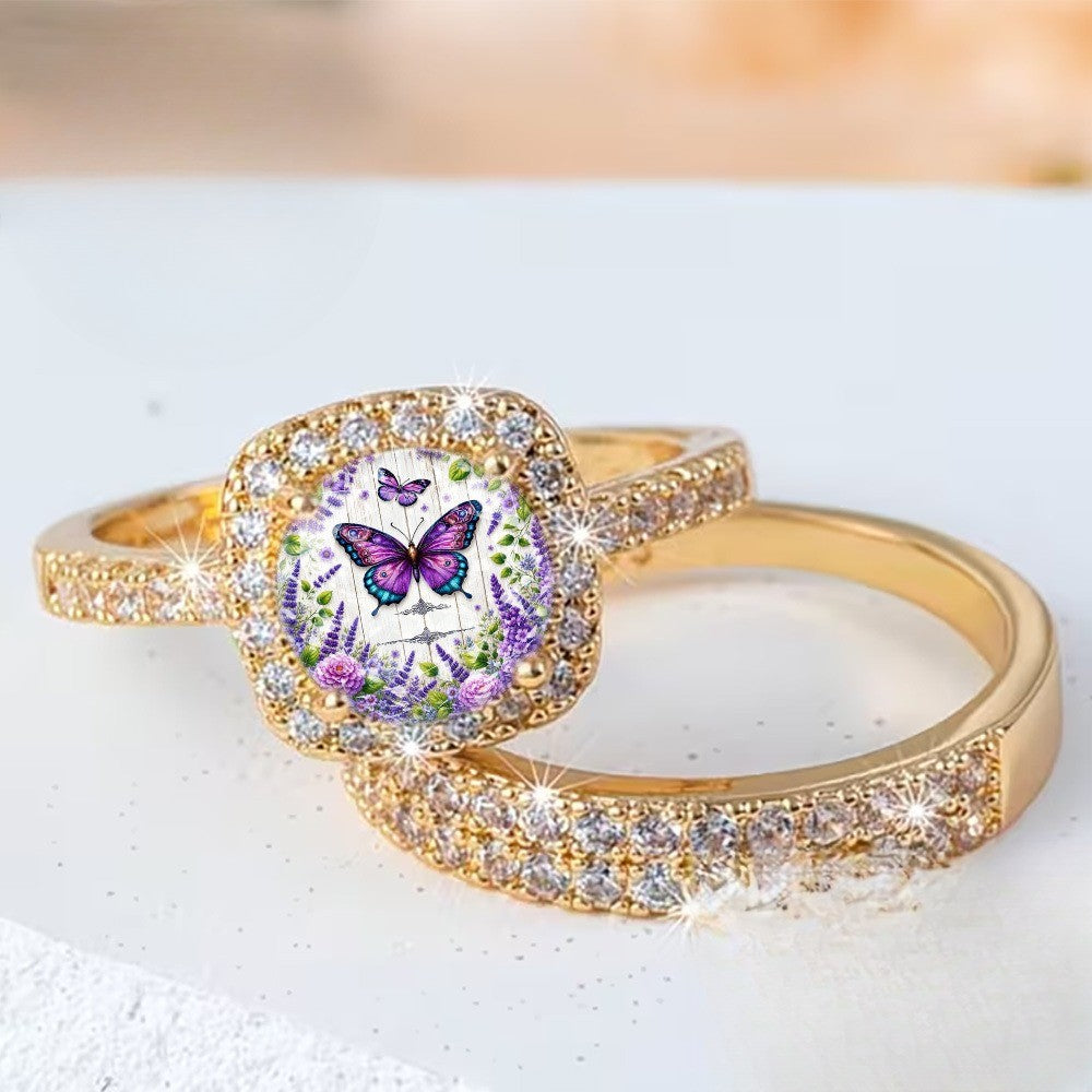Purple Butterfly & Fern Square Ring Set