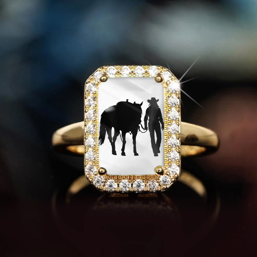 Cowboy & Horse Silhouette Crystal Ring