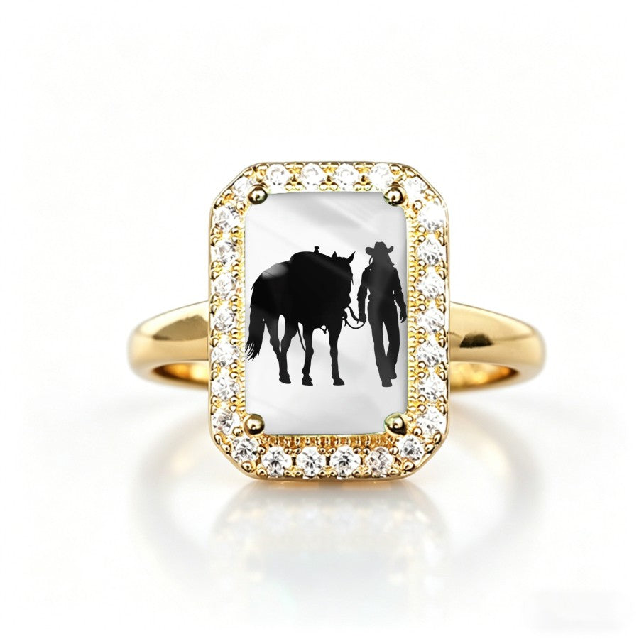 Cowboy & Horse Silhouette Crystal Ring