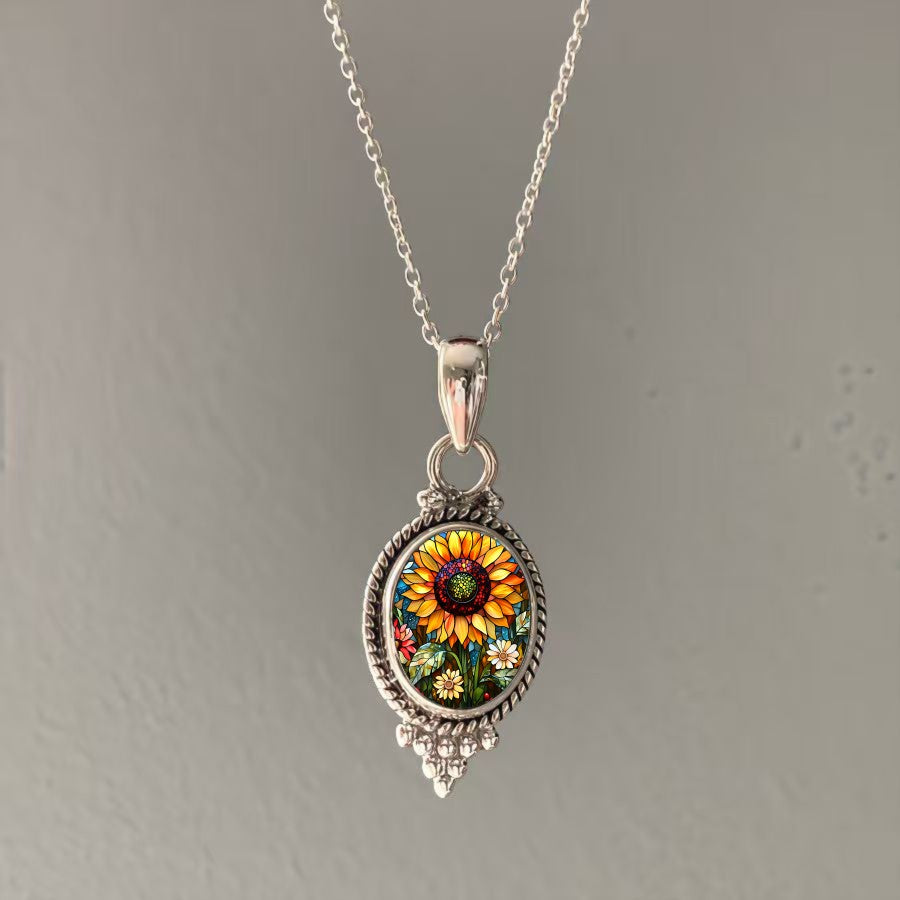 Colorful Sunflower Oval Pendant Necklace