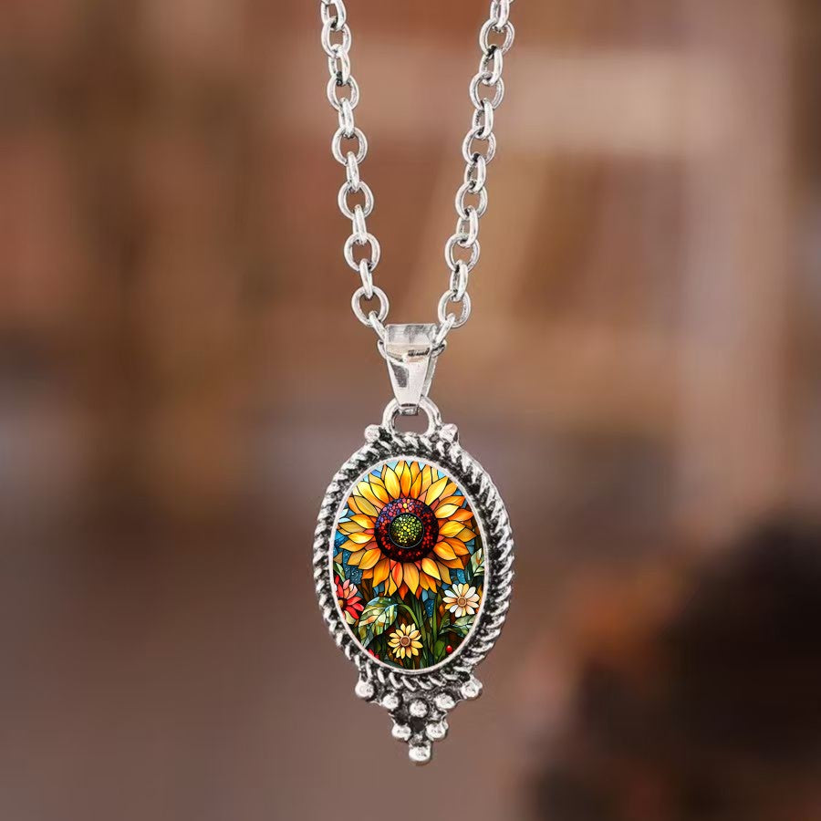 Colorful Sunflower Oval Pendant Necklace