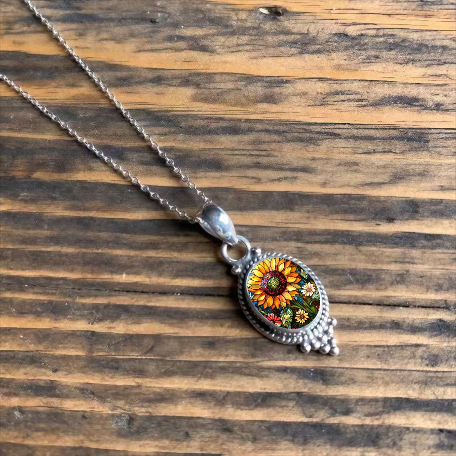Colorful Sunflower Oval Pendant Necklace