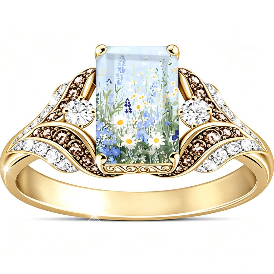 Daisy & Blue Flower Square Ring