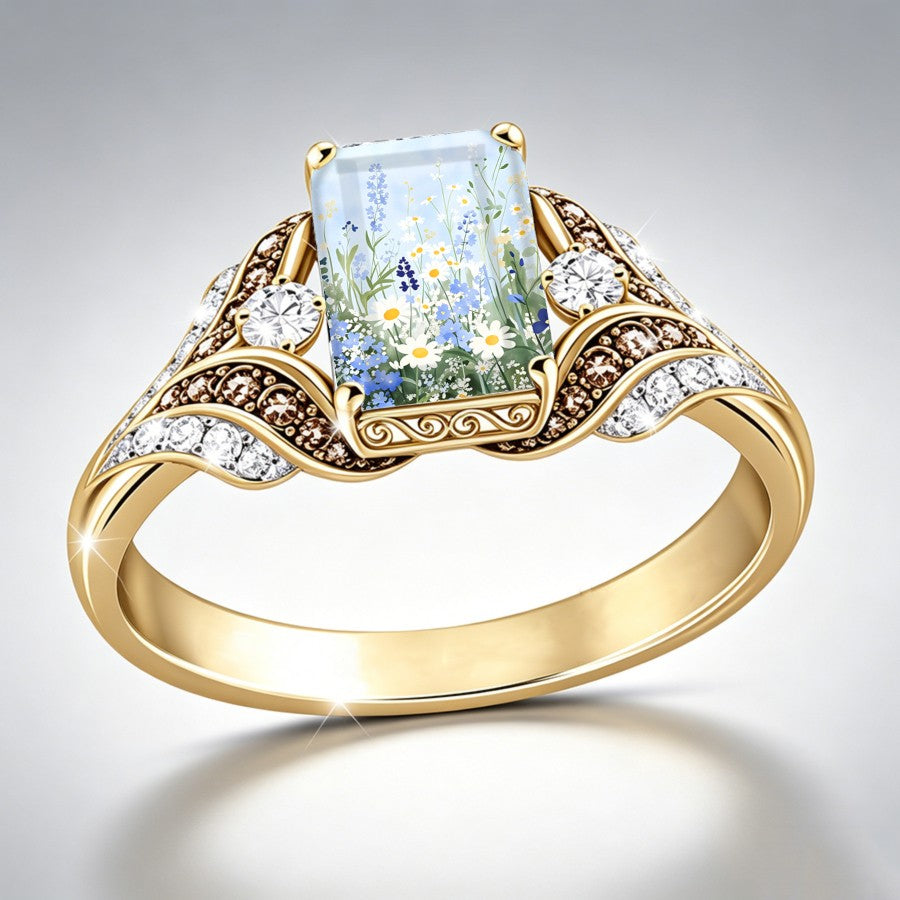 Daisy & Blue Flower Square Ring