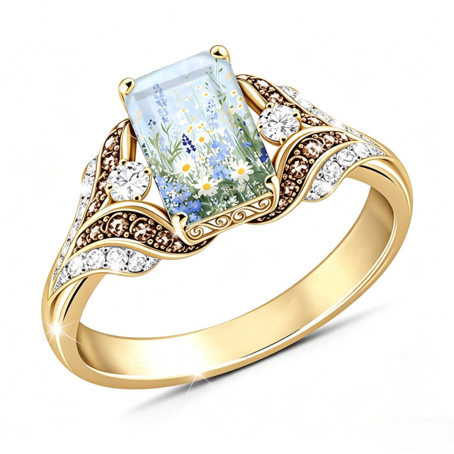 Daisy & Blue Flower Square Ring