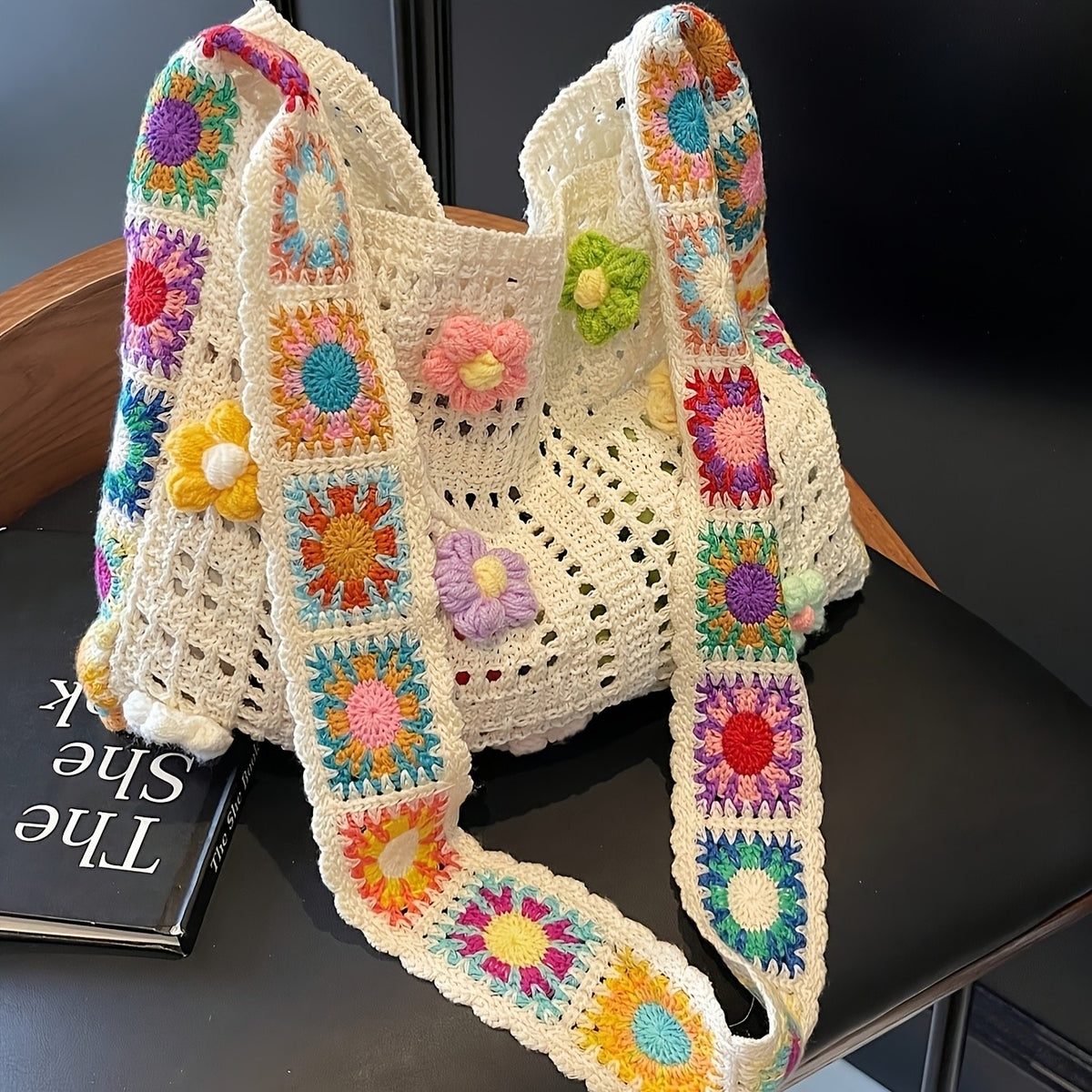 Colorful Crochet Flower Tote Bag