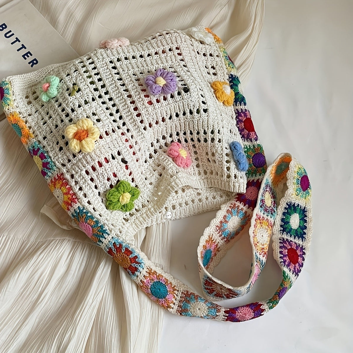 Colorful Crochet Flower Tote Bag