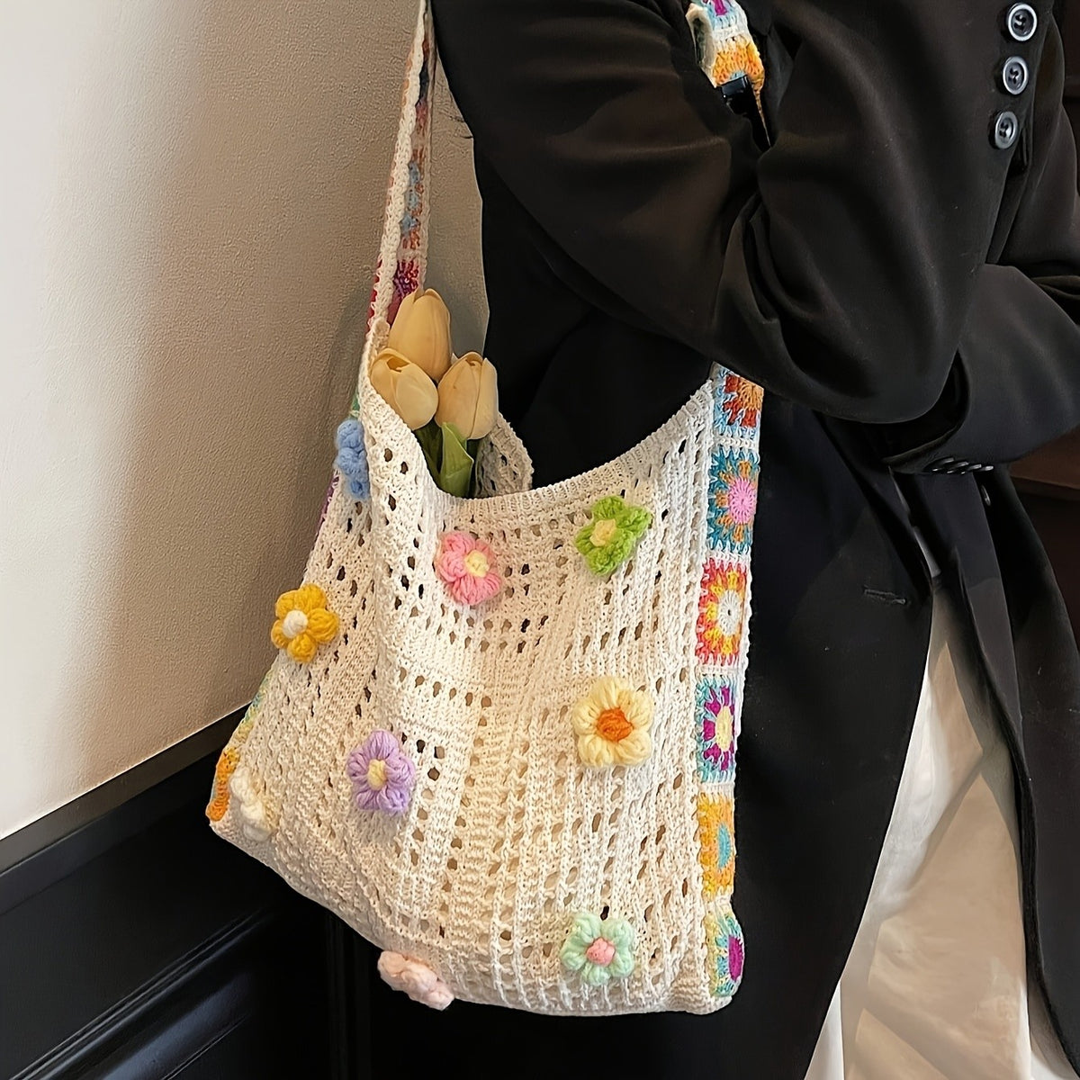 Colorful Crochet Flower Tote Bag