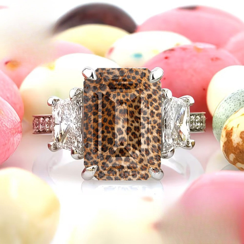 Leopard Print Emerald Cut Ring with Side Crystals