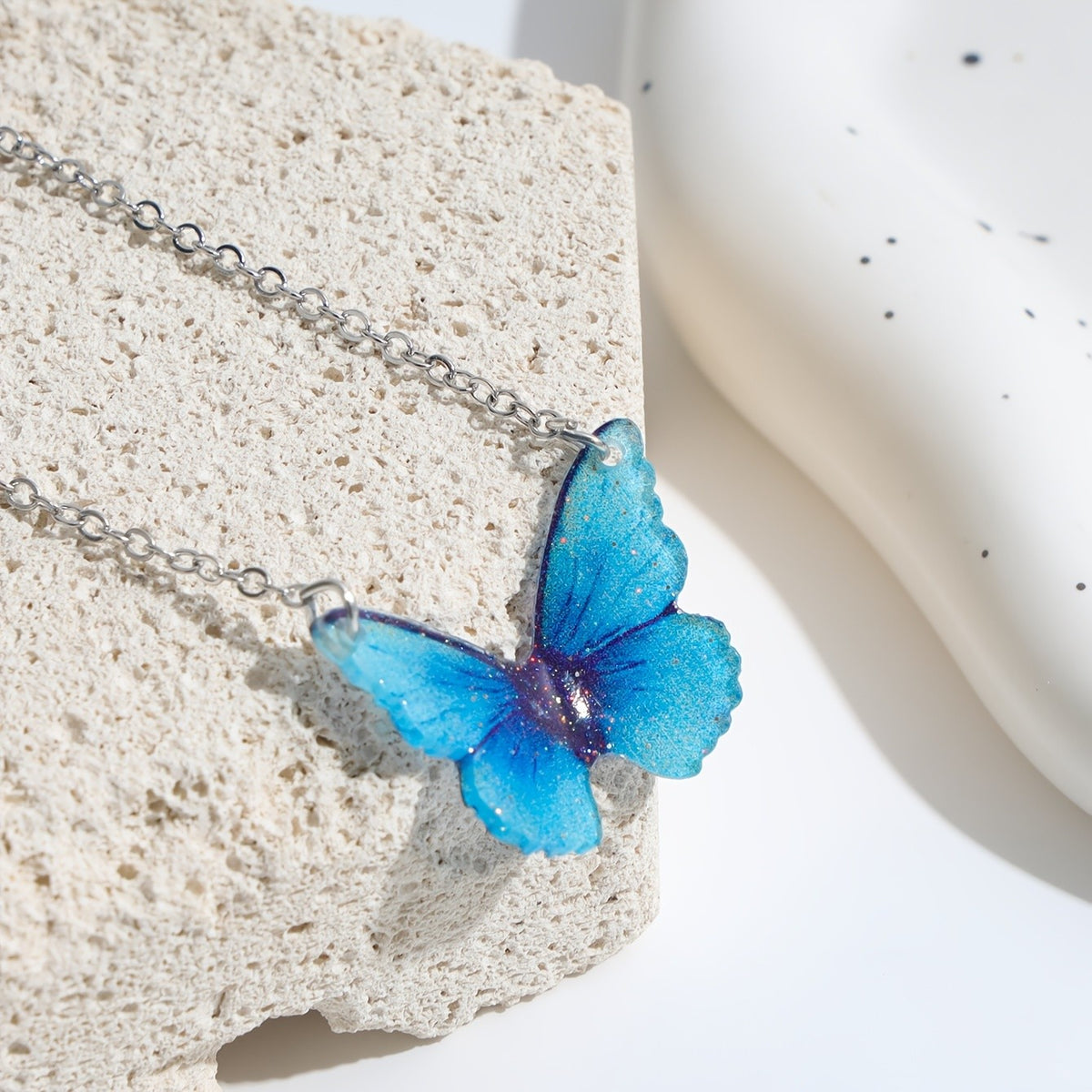 Blue Glitter Butterfly Necklace