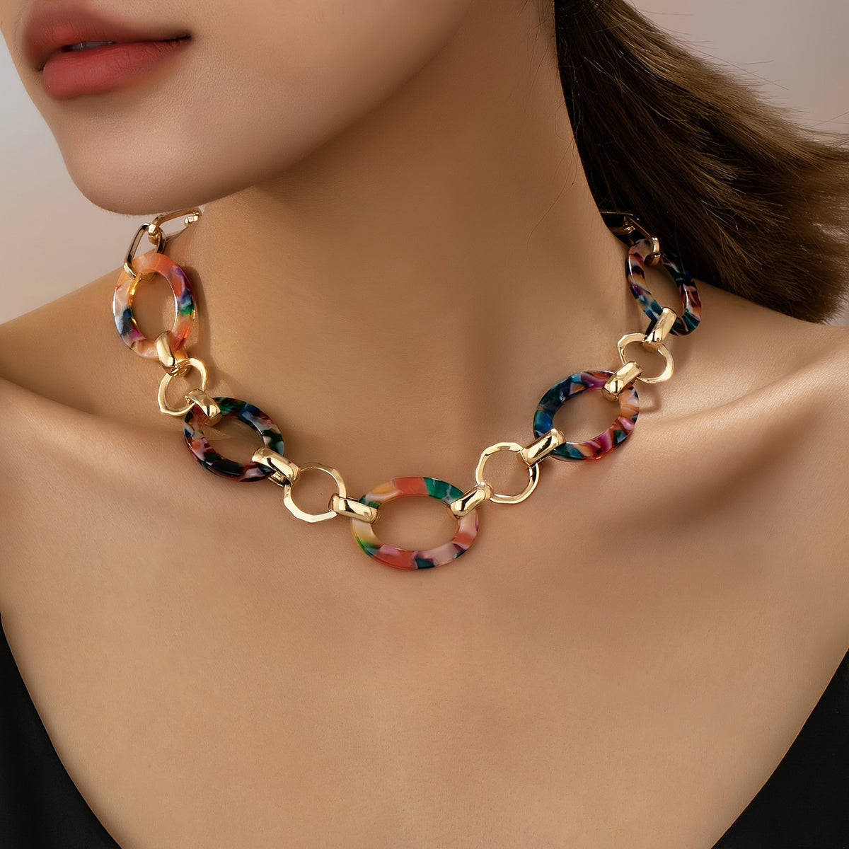Multicolor Marbled Resin Link Necklace
