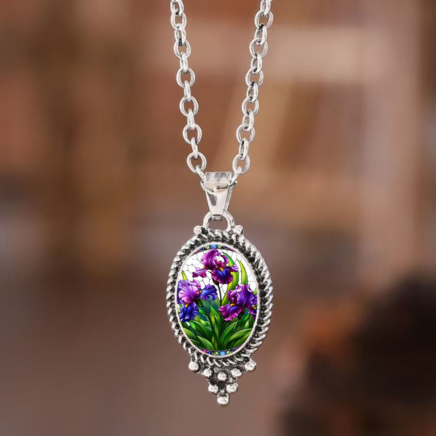 Purple Iris Oval Pendant Necklace