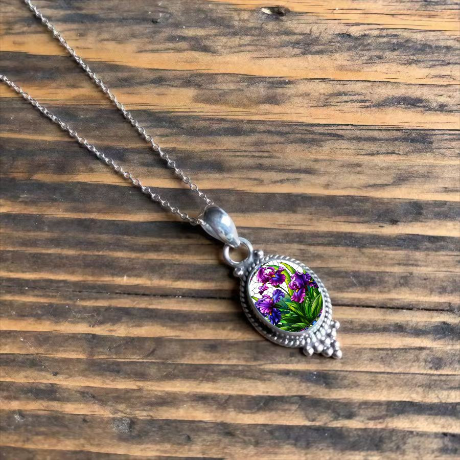 Purple Iris Oval Pendant Necklace