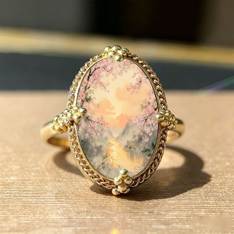 Cherry Blossom Landscape Oval Ring