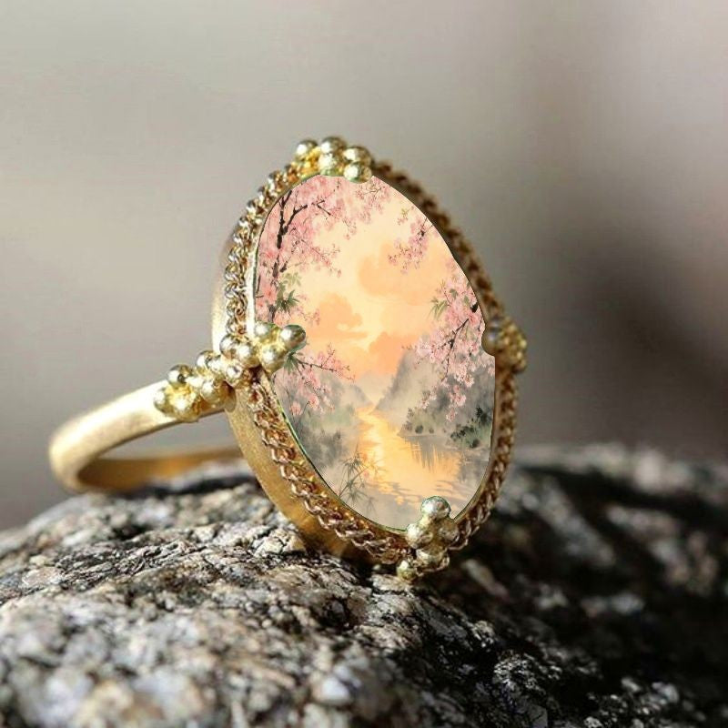 Cherry Blossom Landscape Oval Ring