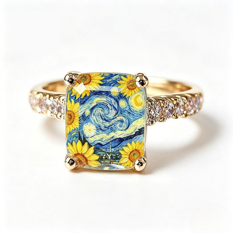 Starry Night Sunflower Square Ring