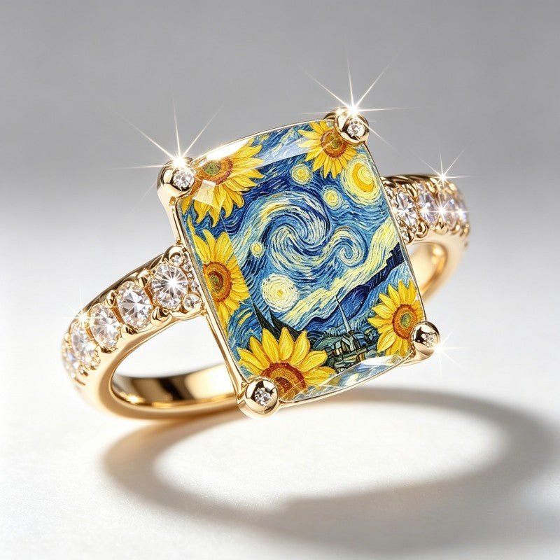 Starry Night Sunflower Square Ring