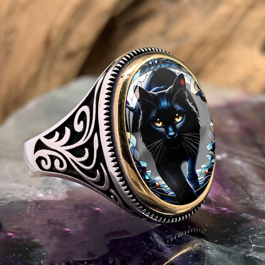 Black Cat Stained Glass Ring
