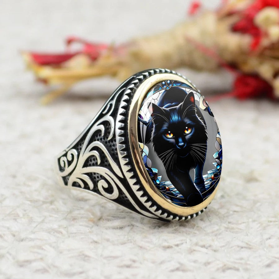 Black Cat Stained Glass Ring