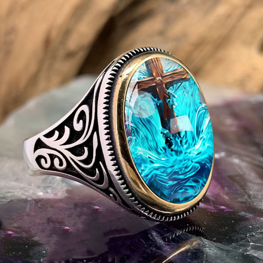 Cross & Blue Waves Oval Ring