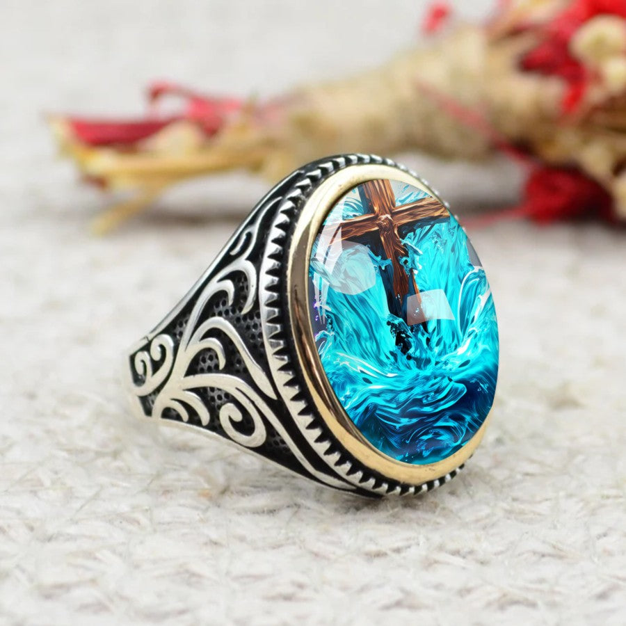 Cross & Blue Waves Oval Ring