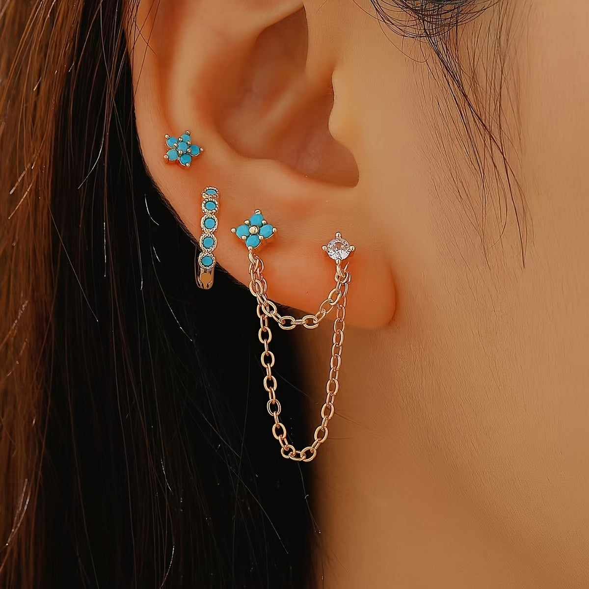 Turquoise Flower & Drop Earring Set
