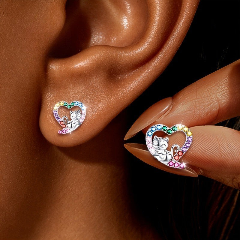 Colorful Cat Heart Stud Earrings