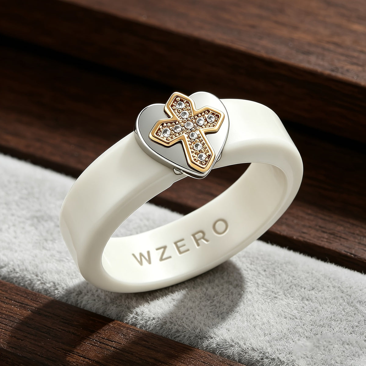 Cream Silicone Pave Cross Heart Ring