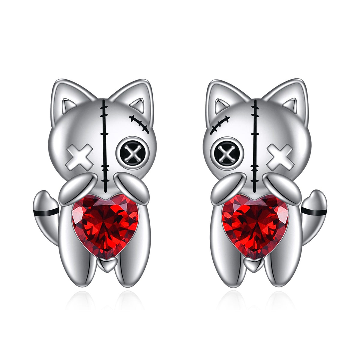 Stitched Cat Red Heart Stud Earrings