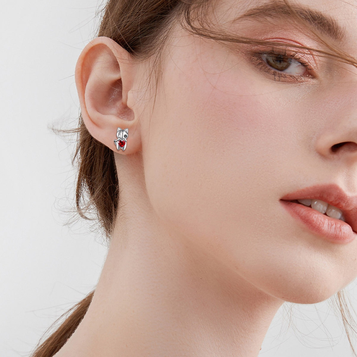 Stitched Cat Red Heart Stud Earrings