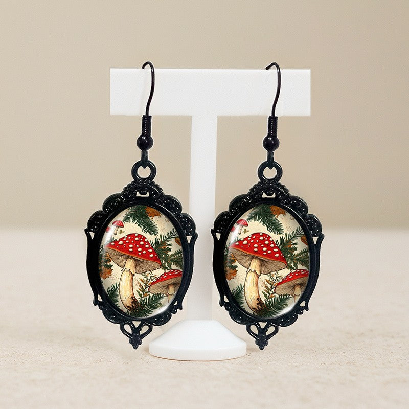 Red Mushroom Oval Dangle Earrings
