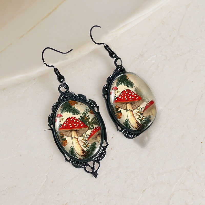 Red Mushroom Oval Dangle Earrings