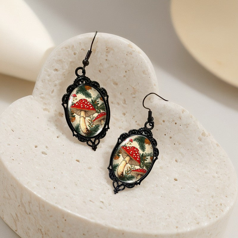 Red Mushroom Oval Dangle Earrings