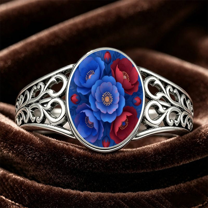 Blue Red Floral Filigree Ring