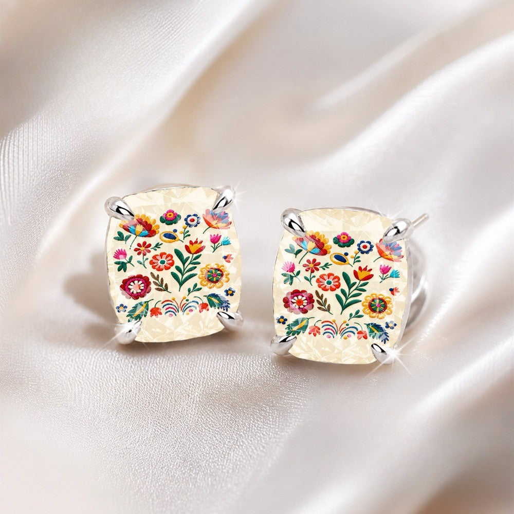 Embroidered Floral Square Stud Earrings