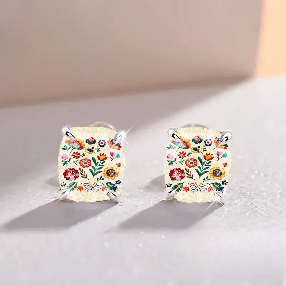 Embroidered Floral Square Stud Earrings