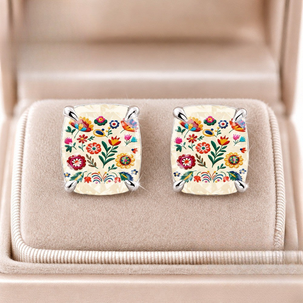 Embroidered Floral Square Stud Earrings