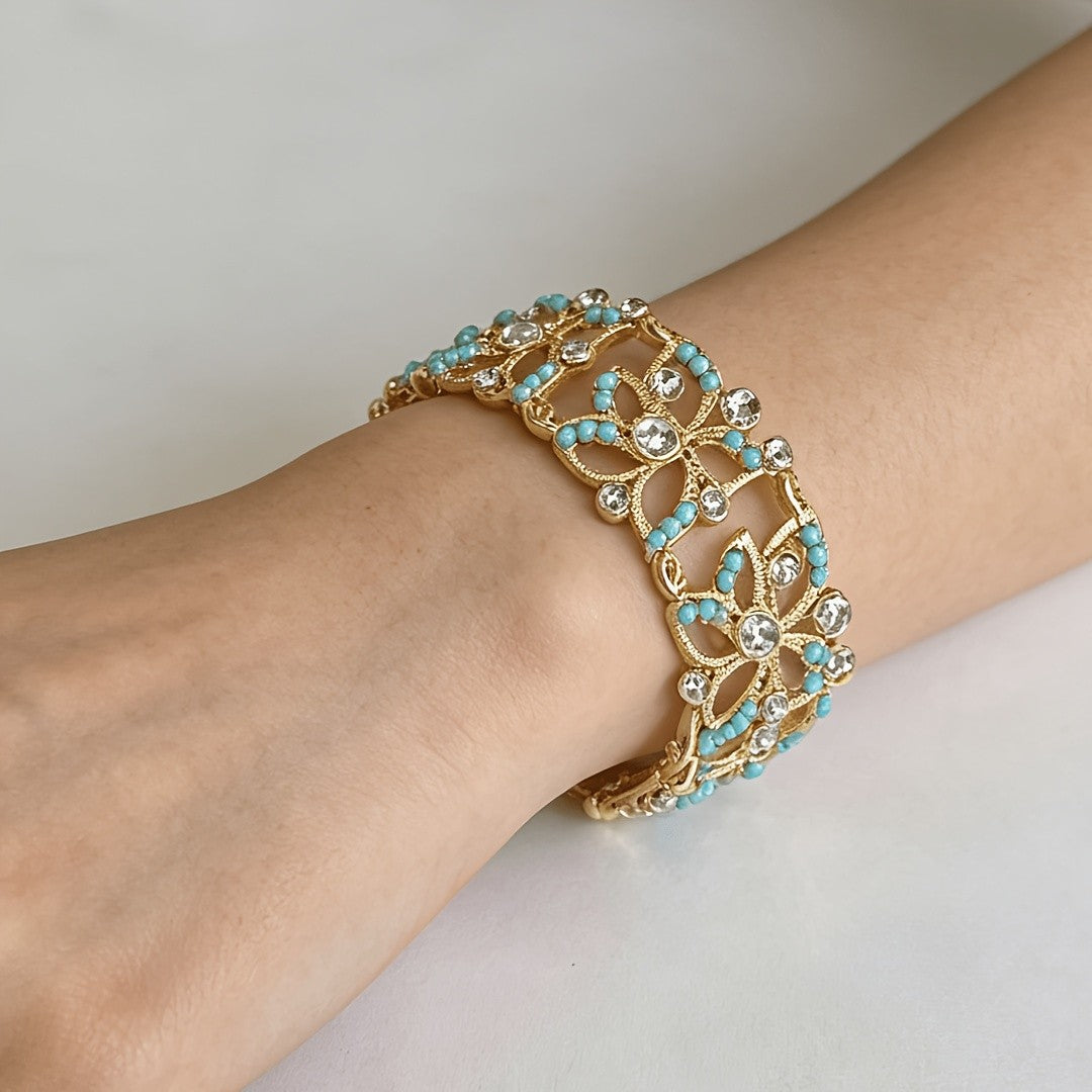 Turquoise & Crystal Scrollwork Cuff Bracelet