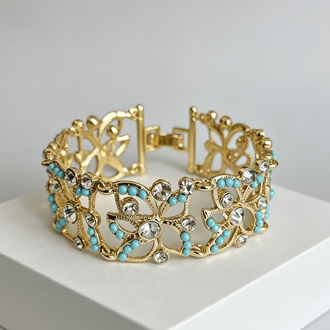 Turquoise & Crystal Scrollwork Cuff Bracelet
